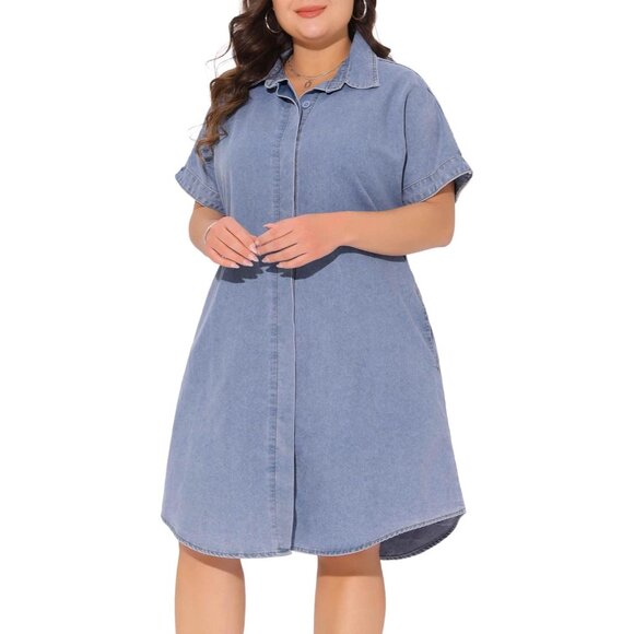 Plus Size Denim Dress for Women Short Sleeve Midi Button Down Pockets - Picture 2 of 5